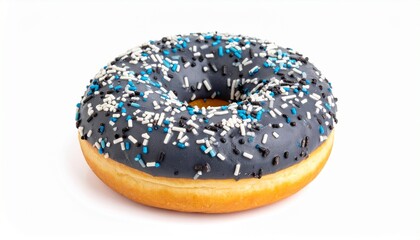 Single donut with light blue icing and white sprinkles, top view against clean white background. Smooth frosting texture contrasts with soft baked surface, evoking playful pastel charm and sweet minim