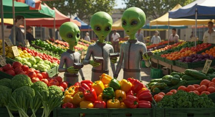 Three aliens shopping for vegetables at a market with colorful stands  