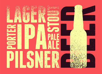 Types of beer. Beer bottle typographical vintage style grunge poster design. Retro vector illustration.