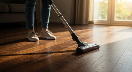 Woman vacuuming hardwood floor at home during daytime - Concept of copy space  
