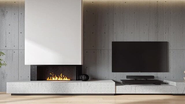 decoracion moderna de una sala de estar lujosa y minimalista con chimenea encendida encastrada en la parde y television plana a un lado. Sofas y decoracion en tonos claros