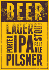 Types of beer. Beer typographical vintage style grunge poster design. Retro vector illustration.