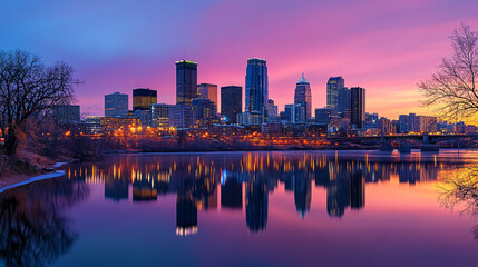 Obraz premium The downtown skyline of Minneapolis, Minnesota, is reflected on the Mississippi River.