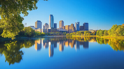 Obraz premium The downtown skyline of Minneapolis, Minnesota, is reflected on the Mississippi River.