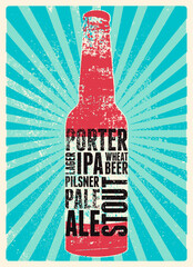 Types of beer. Beer bottle typographical vintage style grunge poster design. Retro vector illustration.