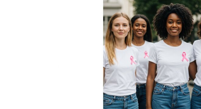 Group of women standing together in white shirts supporting breast cancer awareness with copy space  
