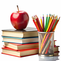 Red apple on stack of books with colored pencils in a cup isolated on transparent background