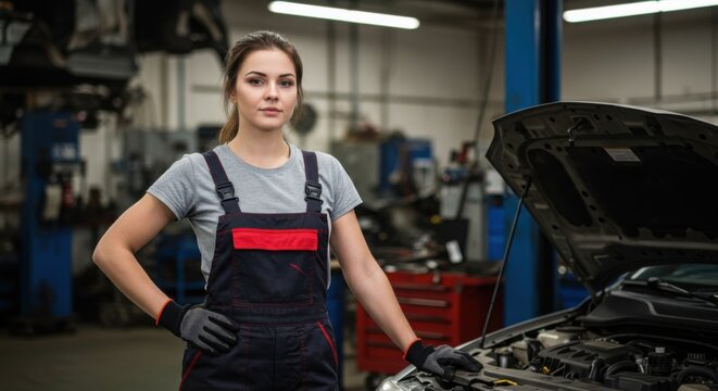 Young woman mechanic standing confidently by car with copy space