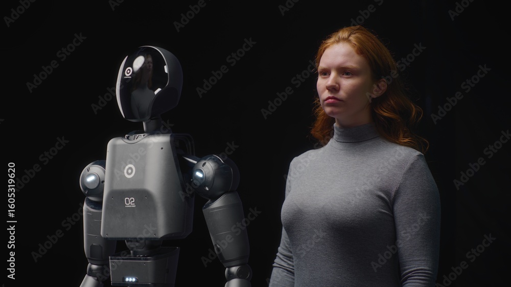 Poster vfx animation of futuristic people and robots concept: visualization of young woman standing with ad