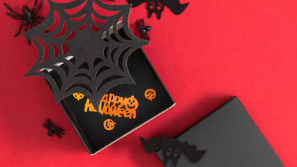 Open black gift box with Happy Halloween inscription surrounded by spiders and web on dark red...