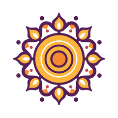 Bright mandala design with orange and purple elements on white background and copy space
