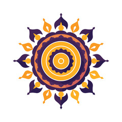 Elegant mandala design with orange and purple tones on white background and copy space
