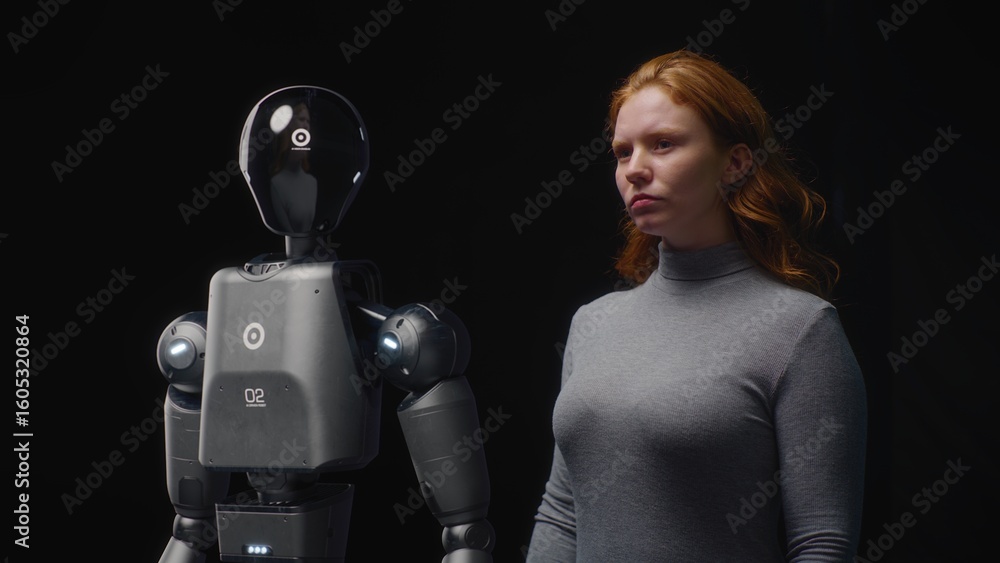 Fototapete VFX Animation of Futuristic People and Robots Concept: Visualization of Young Woman Standing with Advanced Humanoid Robot. Collaboration and Connection Between Humanity and Artificial Intelligence.