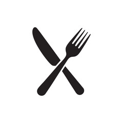 Simple black silhouette of crossed knife and fork on white background