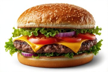 Juicy cheeseburger with lettuce, tomato, onion, and cheddar cheese on a sesame bun