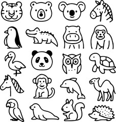 Fototapeta premium A charming collection of hand drawn animal illustrations featuring a diverse array of creatures from around the world presented in a simple line art style