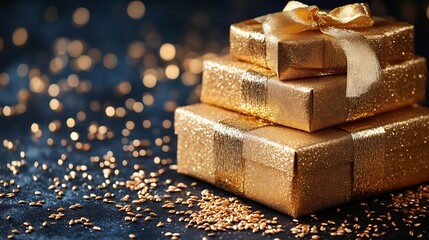 Stacked golden gift boxes on dark background