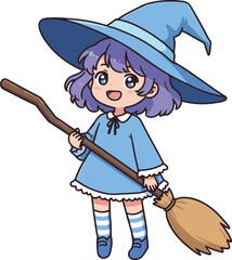Charming Cartoon Witch Girl Holding Broomstick, Adorable Character Design, Whimsical Fantasy Art