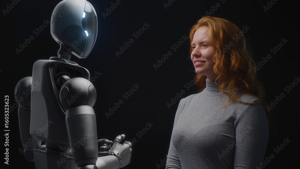 Poster futuristic human-machine concept: visualization of young woman speaking with advanced humanoid robot