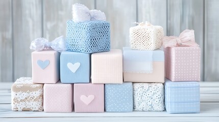 Stacked pastel-toned gift boxes with lace and bows