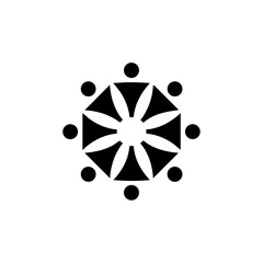 A stylized radial group icon representing equality and togetherness around a round table, ideal for depicting collaboration and dialogue.
