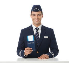 An Airport Passenger Service Agent in Uniform Holding a Passport and Boarding Pass to Assist Travelers on isolated transparent background.