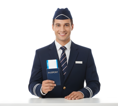 An Airport Passenger Service Agent in Uniform Holding a Passport and Boarding Pass to Assist Travelers on isolated transparent background.