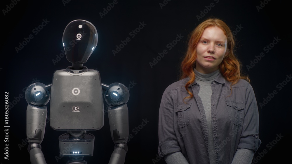 Poster visualization of futuristic people and robots concept: vfx animation of high-tech humanoid robot pro