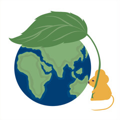 A little mouse holds a leaf protecting the planet. Earth is a poster about ecology. The vector illustration is stock.