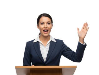 A Renewable Energy Policy Advisor Delivering a Passionate Speech at a Podium on Clean Energy on isolated transparent background.