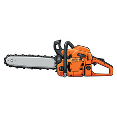 Orange chainsaw illustration with detailed blade and handle. Vector illustration