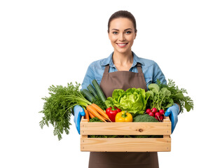 An Urban Gardener Proudly Displaying a Crate of Freshly Harvested Rooftop Vegetables on isolated transparent background.