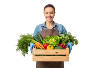 An Urban Gardener Proudly Displaying a Crate of Freshly Harvested Rooftop Vegetables on isolated transparent background.