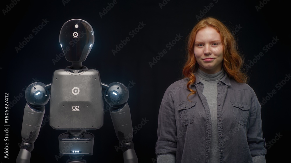 Poster visualization of futuristic people and robots concept: vfx animation of high-tech humanoid robot pro