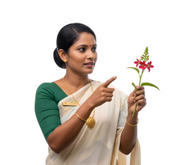 A Sri Lankan Botanical Garden Guide in a Saree Uniform Pointing out a Rare Floral Specimen on isolated transparent background.