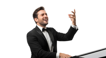 An Elegant Musician in a Tuxedo Playing a Grand Piano with Passion in a Hotel Lounge on isolated transparent background.