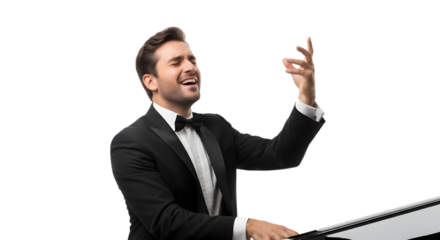 An Elegant Musician in a Tuxedo Playing a Grand Piano with Passion in a Hotel Lounge on isolated transparent background.