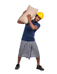 A Sri Lankan Construction Worker Hoisting a Heavy Bag of Cement on His Shoulder at a Building Site on isolated transparent background.