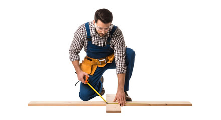 A Skilled Carpenter in a Tool Belt Kneeling to Precisely Measure a Wooden Plank with a Tape Measure on isolated transparent background.