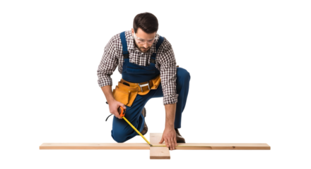 A Skilled Carpenter in a Tool Belt Kneeling to Precisely Measure a Wooden Plank with a Tape Measure on isolated transparent background.