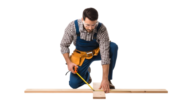 A Skilled Carpenter in a Tool Belt Kneeling to Precisely Measure a Wooden Plank with a Tape Measure on isolated transparent background. - Powered by Adobe