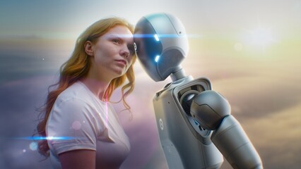 Futuristic Human-Machine Concept: Visualization of Young Woman Gently Touching Foreheads with...