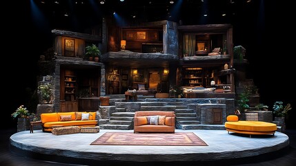 Stage set, tiered houses, warm tones