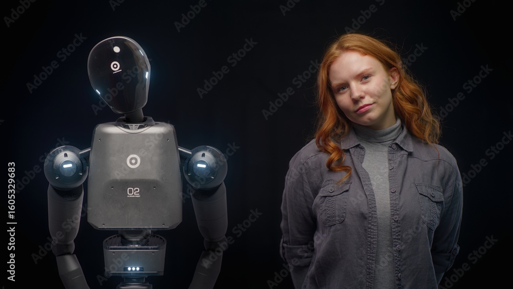 Poster visualization of futuristic people and robots concept: vfx animation of high-tech humanoid robot pro