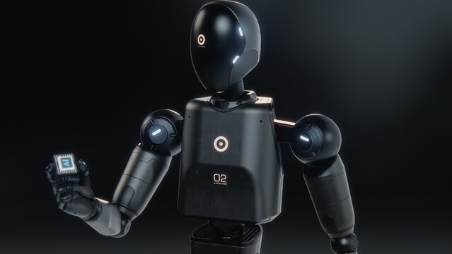 Visualization of High-Tech Humanoid Robot Holding Computer Microchip for Data Information Processing. Motherboard CPU Processor with AI Symbol. Futuristic Artificial Intelligence Technology Concept.