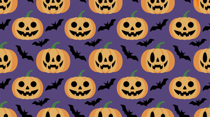 Festive purple pattern with smiling pumpkins and bats for Halloween celebration