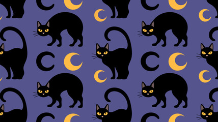 Black cats and crescent moons pattern design on a purple background for Halloween decoration