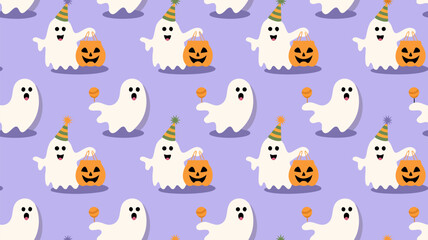 Fun and playful ghosts celebrating Halloween with jack-o'-lanterns in a vibrant pattern