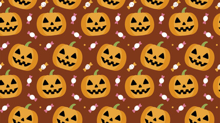Colorful Halloween pumpkins with cheerful faces adorn a festive pattern for autumn celebrations