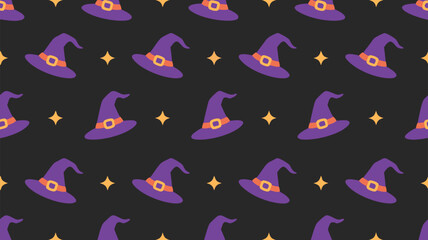 Pattern of purple witch hats with golden buckles on a black background for festive decoration and Halloween celebration